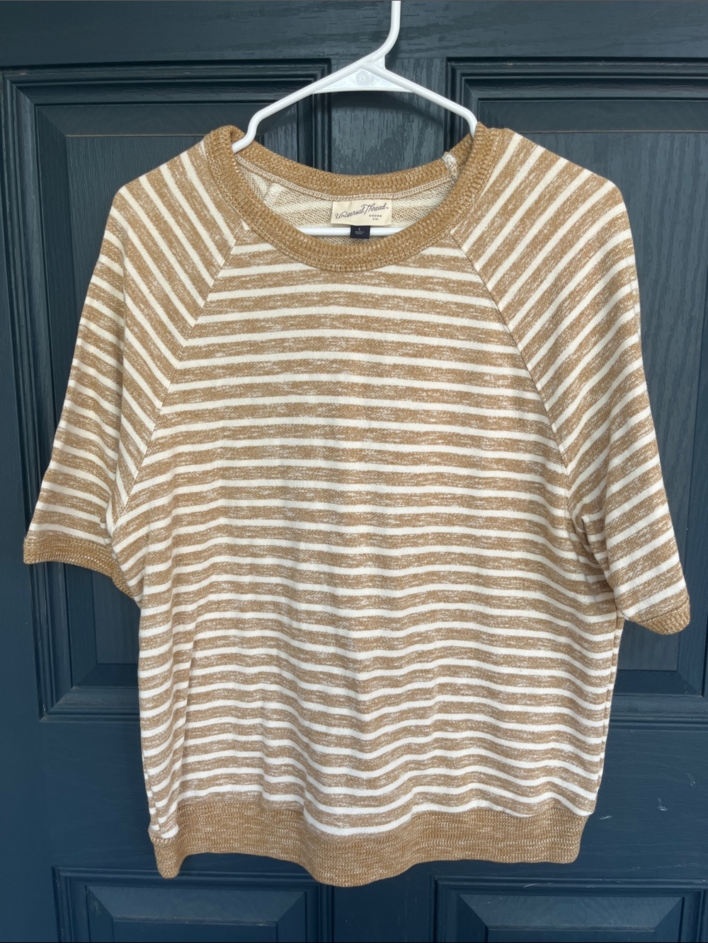 Universal Thread Tan & White Striped Short-Sleeve Knit Sweatshirt